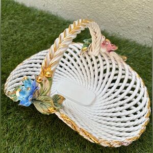 Vintage Capodimonte Made In Italy Porcelain Woven Basket with Floral Details